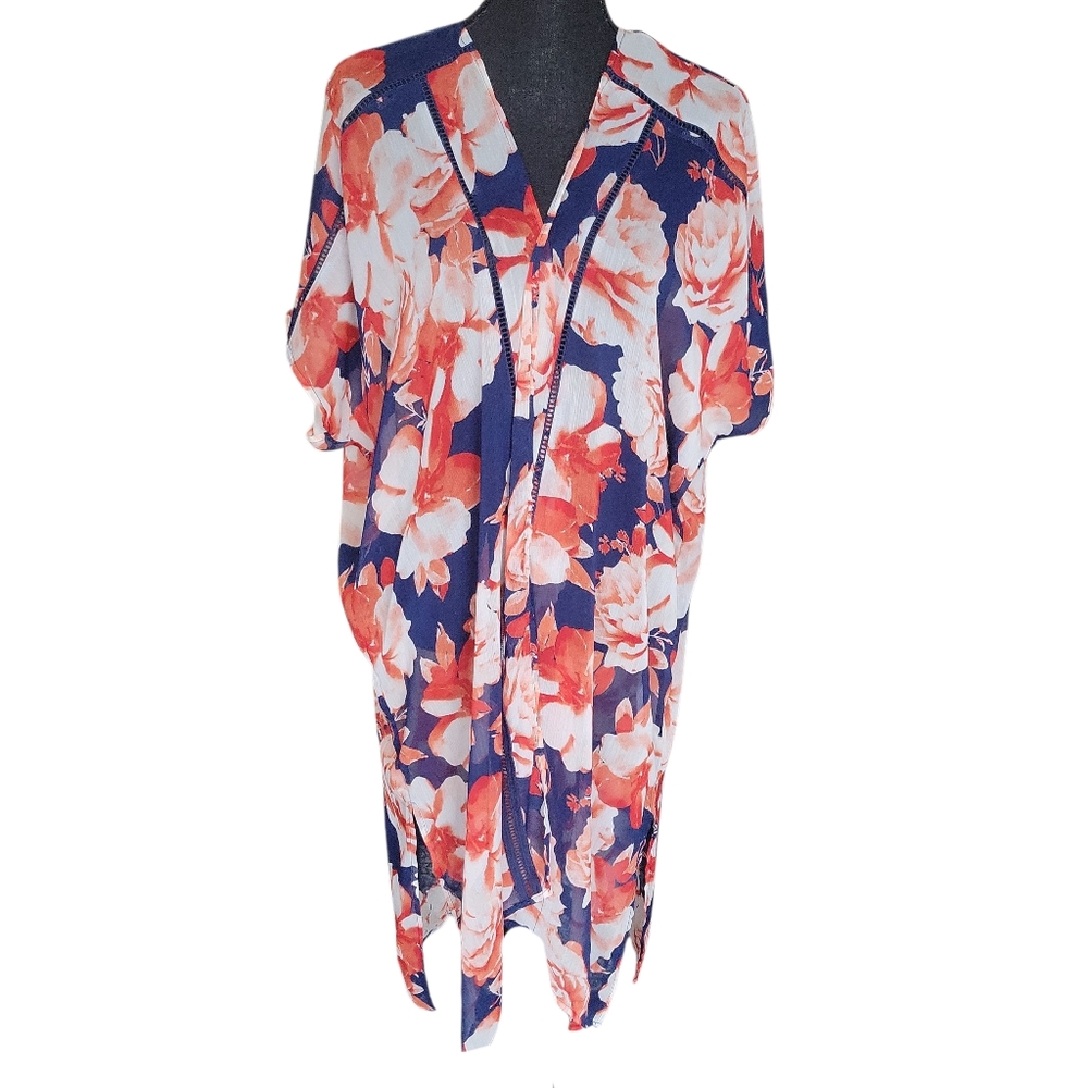 Band of Gypsies Navy Blue & Orange Floral Sheer Kimono Women's Size XS/S
